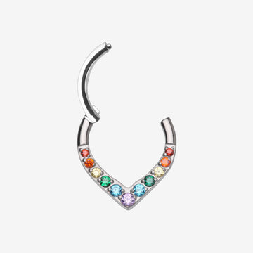 Detail View 1 of Implant Grade Titanium Sparkle Chevron Teardrop Clicker Hoop Ring-Rainbow/Assorted Gem